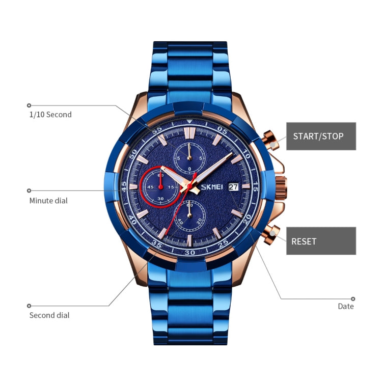 SKMEI 9192 Men Calendar Timing Stainless Steel Belt Luminous Quartz Watch(Blue) - free shipping - PMC TechLife - Order now!