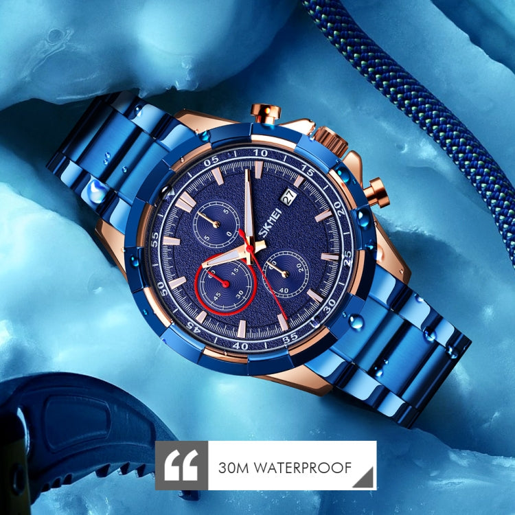 SKMEI 9192 Men Calendar Timing Stainless Steel Belt Luminous Quartz Watch(Blue) - free shipping - PMC TechLife - Order now!