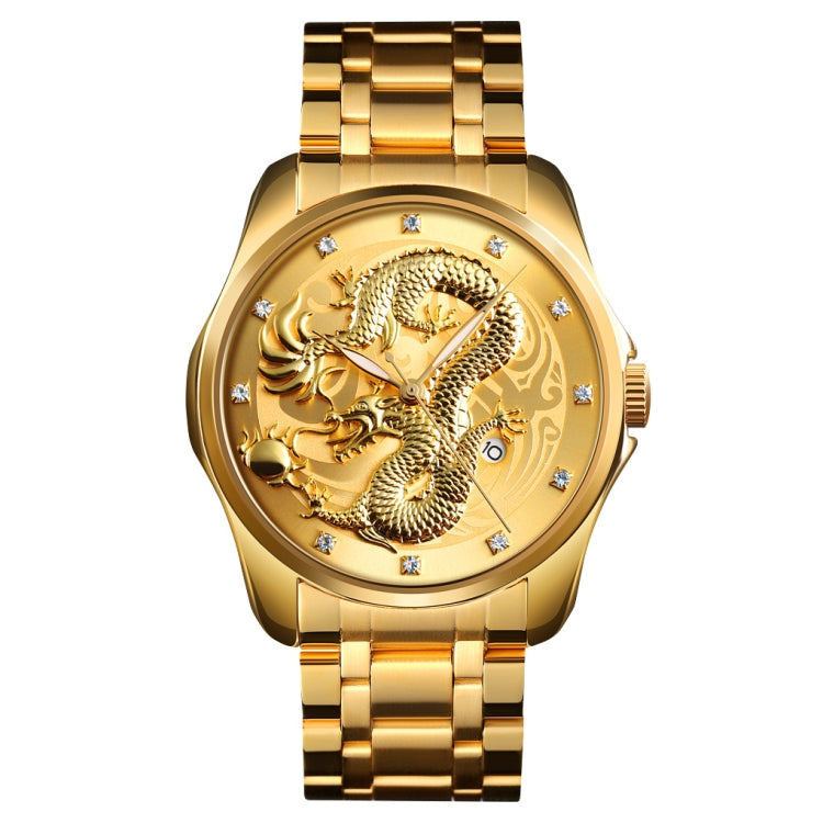 SKMEI 9193 Men Golden Dragon Pattern Calendar Dial Luminous Quartz Watch(Gold) - free shipping - PMC TechLife - Order now!