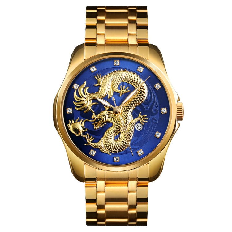 SKMEI 9193 Men Golden Dragon Pattern Calendar Dial Luminous Quartz Watch(Gold Blue) - free shipping - PMC TechLife - Order now!