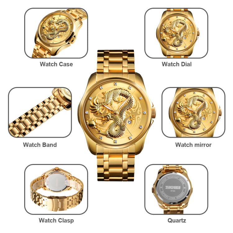 SKMEI 9193 Men Golden Dragon Pattern Calendar Dial Luminous Quartz Watch(Gold) - free shipping - PMC TechLife - Order now!