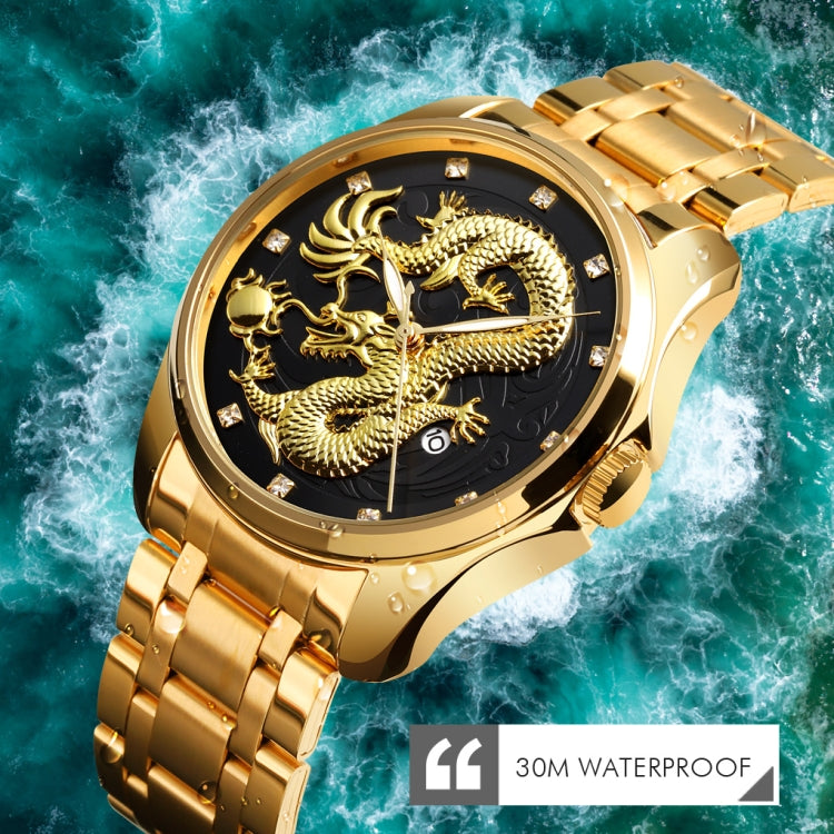 SKMEI 9193 Men Golden Dragon Pattern Calendar Dial Luminous Quartz Watch(Silver Black) - free shipping - PMC TechLife - Order now!