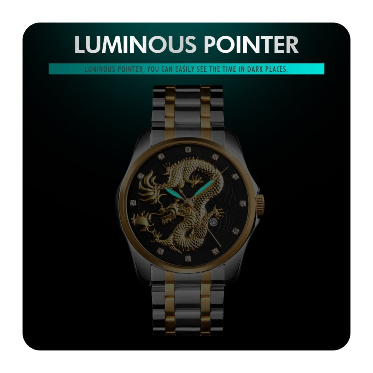 SKMEI 9193 Men Golden Dragon Pattern Calendar Dial Luminous Quartz Watch(Silver Gold) - free shipping - PMC TechLife - Order now!