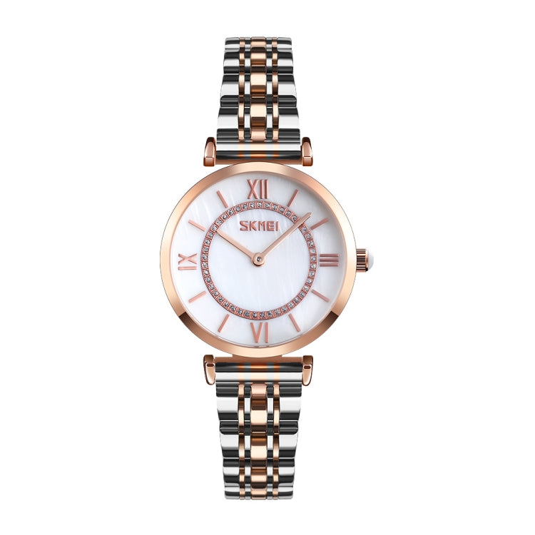 SKMEI 9198 Simple Roman Numeral Dial Metal Belt Quartz Watch for Couples(Rose Gold Silver White Women) - free shipping - PMC TechLife - Order now!