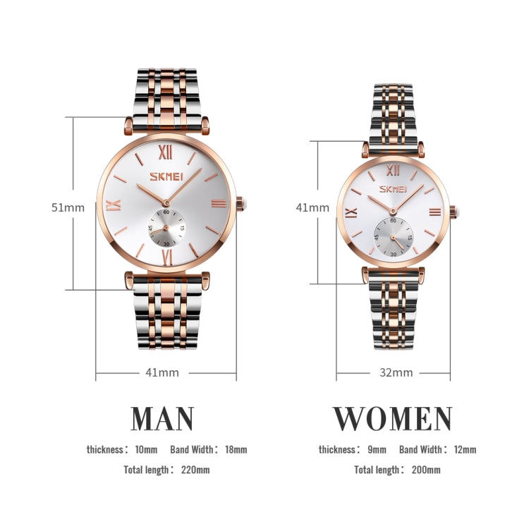 SKMEI 9198 Simple Roman Numeral Dial Metal Belt Quartz Watch for Couples(Rose Gold Silver Men) - free shipping - PMC TechLife - Order now!