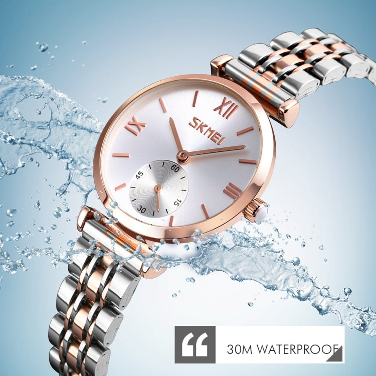 SKMEI 9198 Simple Roman Numeral Dial Metal Belt Quartz Watch for Couples(Rose Gold Silver Men) - free shipping - PMC TechLife - Order now!