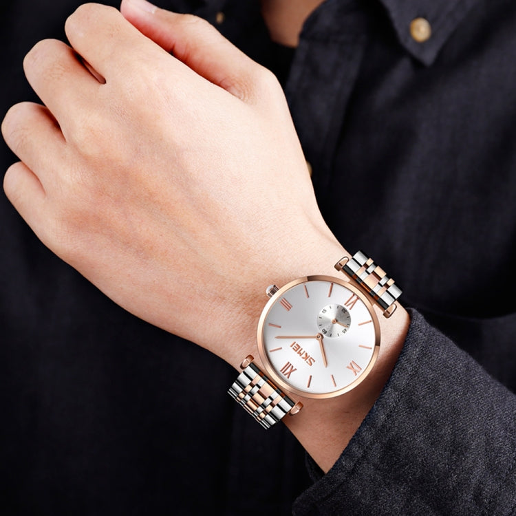 SKMEI 9198 Simple Roman Numeral Dial Metal Belt Quartz Watch for Couples(Rose Gold Silver White Women) - free shipping - PMC TechLife - Order now!