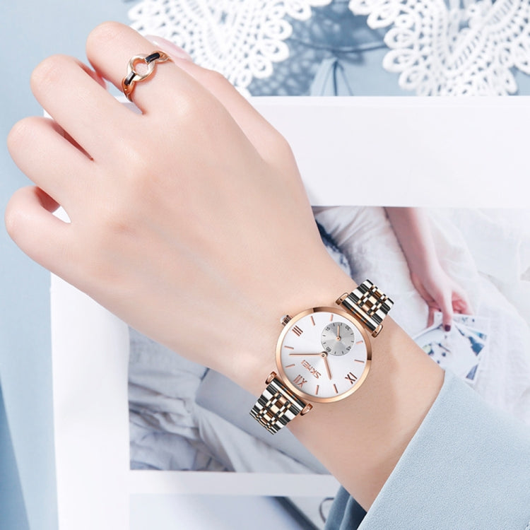 SKMEI 9198 Simple Roman Numeral Dial Metal Belt Quartz Watch for Couples(Rose Gold Silver White Women) - free shipping - PMC TechLife - Order now!