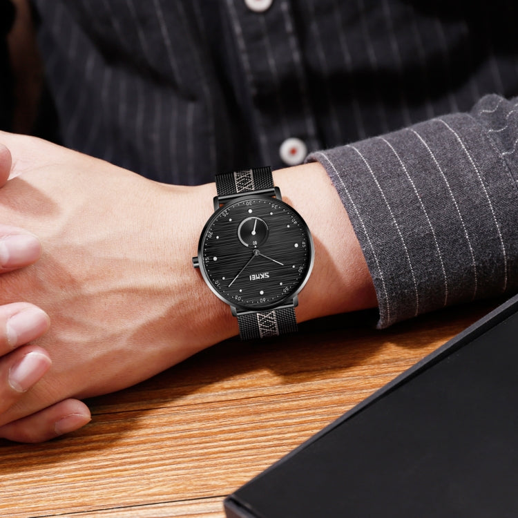 SKMEI 9218 Men Horizontal Striped Arabic Numeral Dial Mesh Belt Quartz Watch(Black) - free shipping - PMC TechLife - Order now!