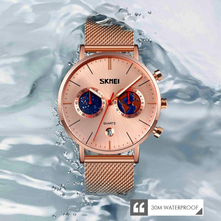 SKMEI 9231 Men Map Pattern Calendar Stopwatch Stainless Steel Strap Quartz Watch(Rose Gold) - free shipping - PMC TechLife - Order now!