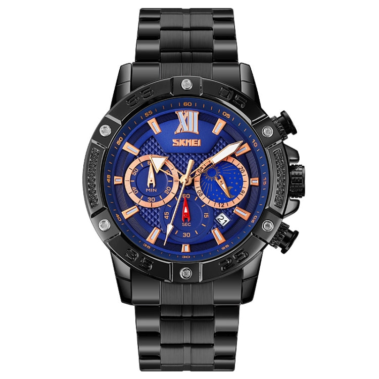 SKMEI 9235 Men Moonphase Stopwatch Stainless Steel Strap Quartz Watch(Black Blue) - free shipping - PMC TechLife - Order now!