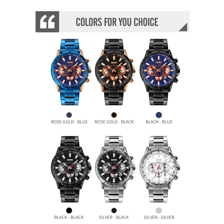 SKMEI 9241 Men Calendar Stopwatch Stainless Steel Strap Quartz Watch(Rose Gold Blue) - free shipping - PMC TechLife - Order now!