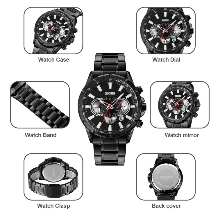 SKMEI 9241 Men Calendar Stopwatch Stainless Steel Strap Quartz Watch(Silver) - free shipping - PMC TechLife - Order now!
