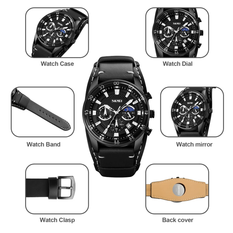 SKMEI 9249 Men Moonphase Calendar Stopwatch Leather Strap Quartz Watch(Brown Silver) - free shipping - PMC TechLife - Order now!