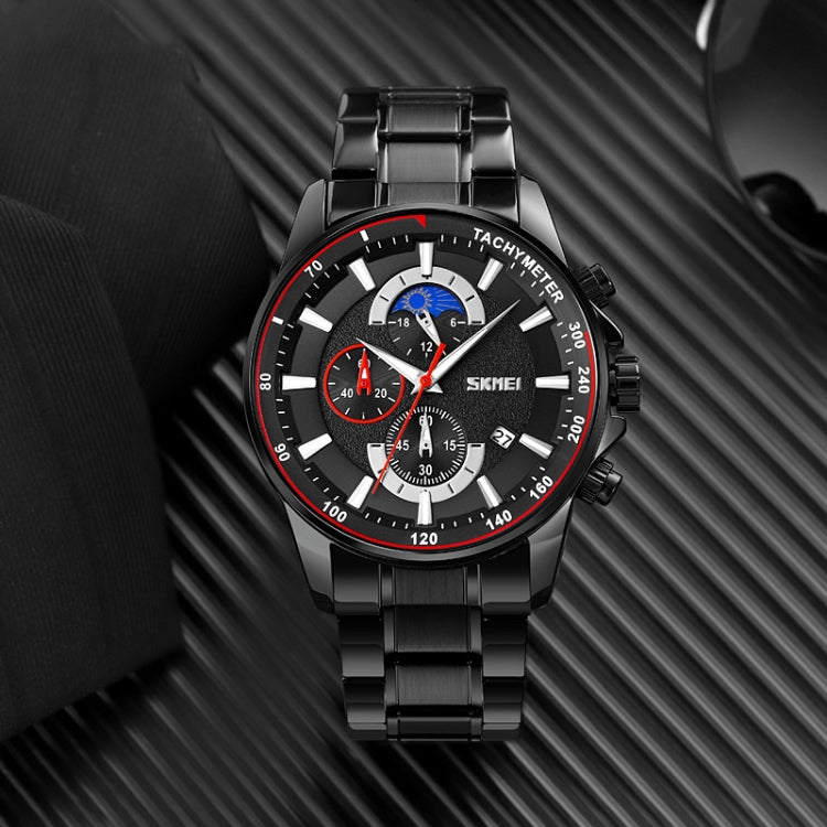 SKMEI 9250 Men Moonphase Stopwatch Date Six Pin Stainless Steel Strap Quartz Watch(Black) - free shipping - PMC TechLife - Order now!