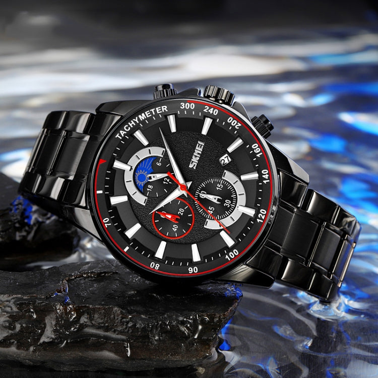 SKMEI 9250 Men Moonphase Stopwatch Date Six Pin Stainless Steel Strap Quartz Watch(Silver Black) - free shipping - PMC TechLife - Order now!