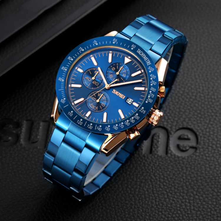 SKMEI 9253 Men Stopwatch Date Six Pin Stainless Steel Strap Quartz Watch(Gold Blue) - free shipping - PMC TechLife - Order now!