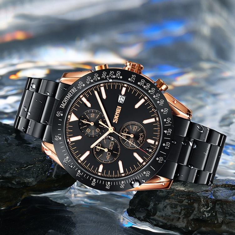 SKMEI 9253 Men Stopwatch Date Six Pin Stainless Steel Strap Quartz Watch(Gold Blue) - free shipping - PMC TechLife - Order now!