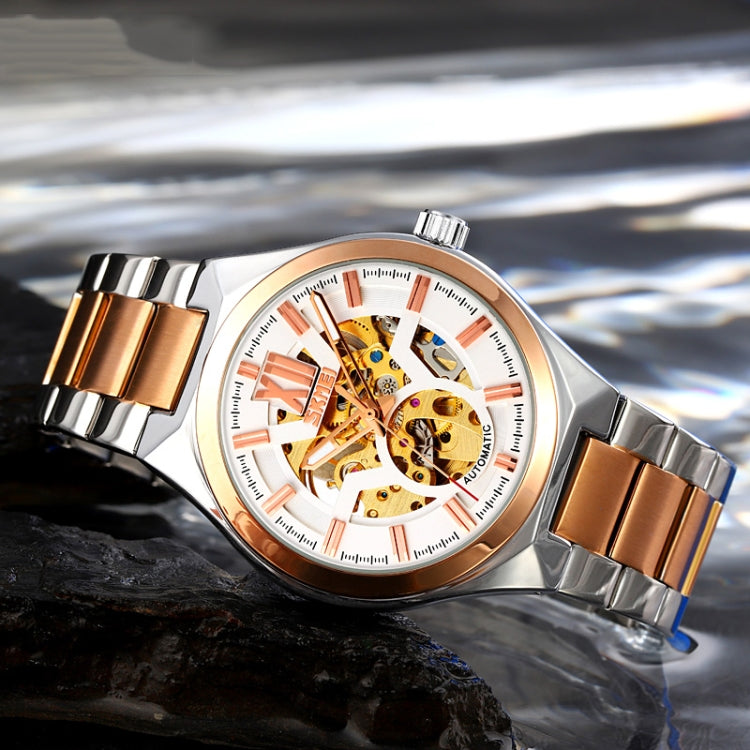 SKMEI 9258 Men Two-color Stainless Steel Strap Automatic Mechanical Watch(Middle Rose Gold Shell Black Surface) - free shipping - PMC TechLife - Order now!