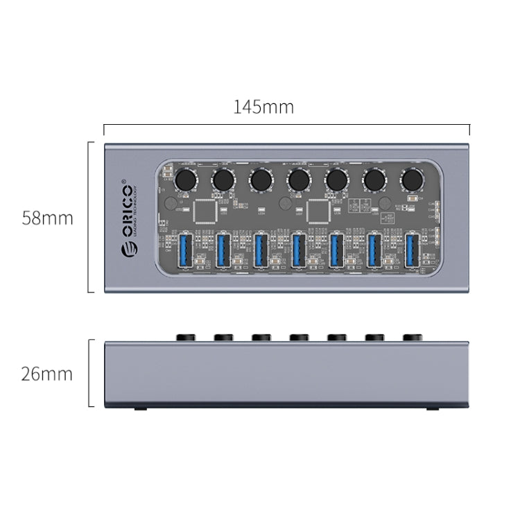 ORICO AT2U3-7AB-GY-BP 7 In 1 Aluminum Alloy Multi-Port USB HUB with Individual Switches, EU Plug - free shipping - PMC Jewellery - Order now!