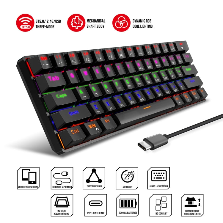 HXSJ L800 61 Keys Bluetooth 5.0 / 2.4G Wireless / Type-C Wired Three Modes Blue Shaft Mechanical Keyboard(Black) - free shipping - PMC Jewellery - Order now!