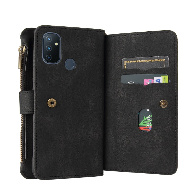 For OnePlus Nord N100 5G Skin Feel PU + TPU Horizontal Flip Leather Case With Holder & 15 Cards Slot & Wallet & Zipper Pocket & Lanyard(Black) - OnePlus Cases by PMC TechLife | Online Shopping South Africa | PMC TechLife | Buy Now Pay Later Mobicred