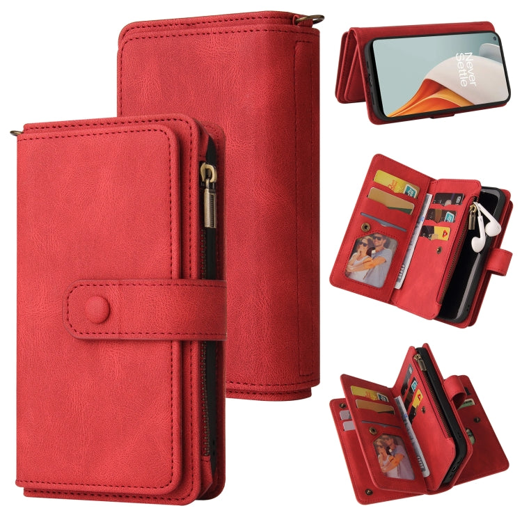 For OnePlus Nord N100 5G Skin Feel PU + TPU Horizontal Flip Leather Case With Holder & 15 Cards Slot & Wallet & Zipper Pocket & Lanyard(Red) - OnePlus Cases by PMC TechLife | Online Shopping South Africa | PMC TechLife | Buy Now Pay Later Mobicred