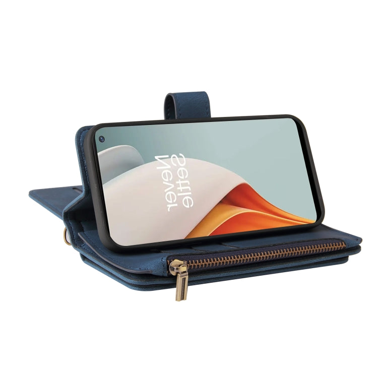 For OnePlus Nord N100 5G Skin Feel PU + TPU Horizontal Flip Leather Case With Holder & 15 Cards Slot & Wallet & Zipper Pocket & Lanyard(Blue) - free shipping - PMC TechLife - Order now!