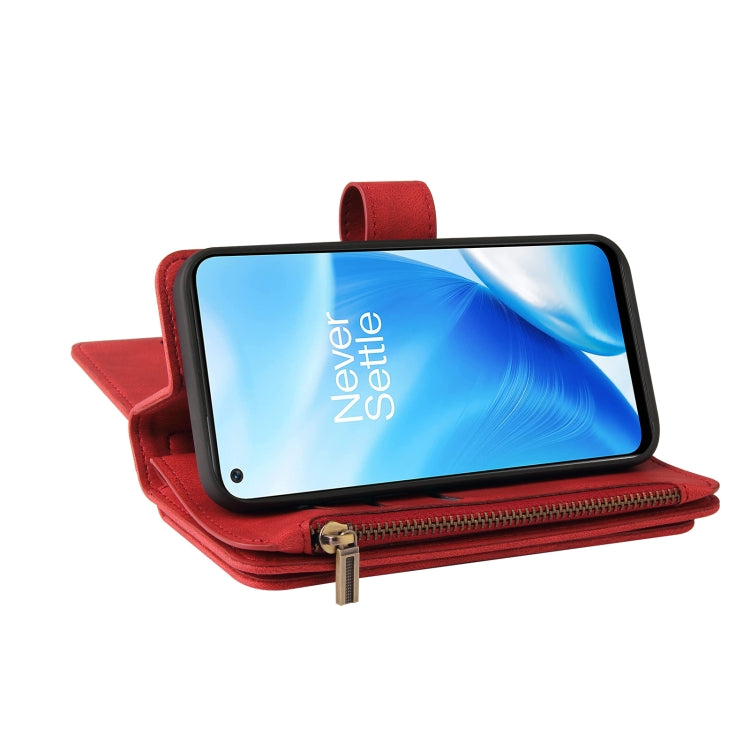 For OnePlus Nord N200 5G Skin Feel PU + TPU Horizontal Flip Leather Case With Holder & 15 Cards Slot & Wallet & Zipper Pocket & Lanyard(Red) - OnePlus Cases by PMC TechLife | Online Shopping South Africa | PMC TechLife | Buy Now Pay Later Mobicred