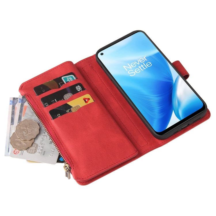 For OnePlus Nord N200 5G Skin Feel PU + TPU Horizontal Flip Leather Case With Holder & 15 Cards Slot & Wallet & Zipper Pocket & Lanyard(Red) - OnePlus Cases by PMC TechLife | Online Shopping South Africa | PMC TechLife | Buy Now Pay Later Mobicred
