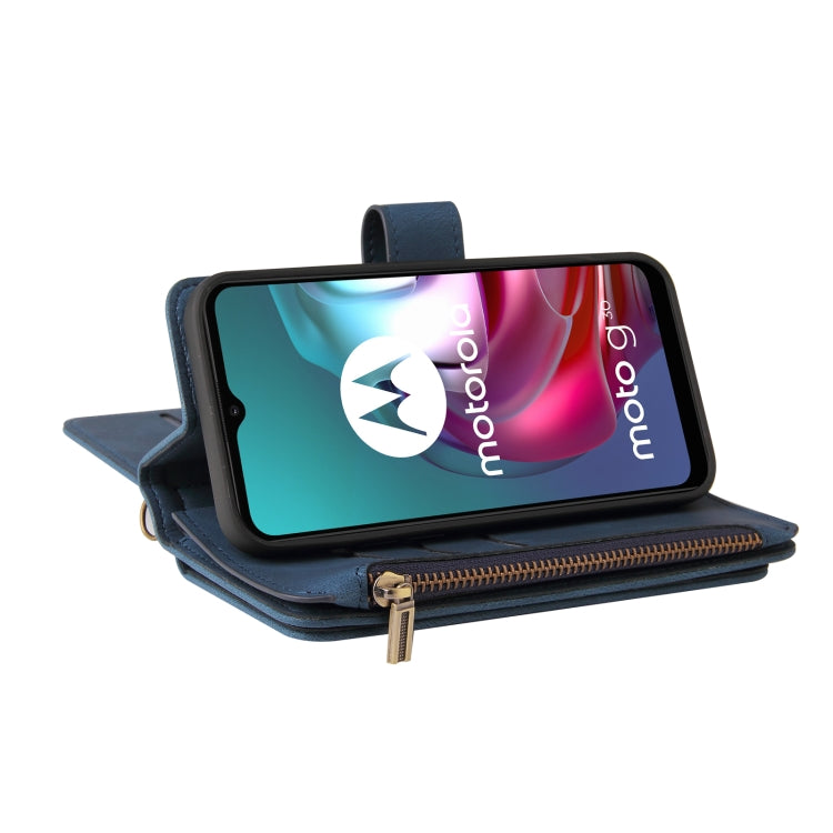 For Motorola Moto G30 Skin Feel PU + TPU Horizontal Flip Leather Case With Holder & 15 Cards Slot & Wallet & Zipper Pocket & Lanyard(Blue) - Motorola Cases by PMC TechLife | Online Shopping South Africa | PMC TechLife | Buy Now Pay Later Mobicred