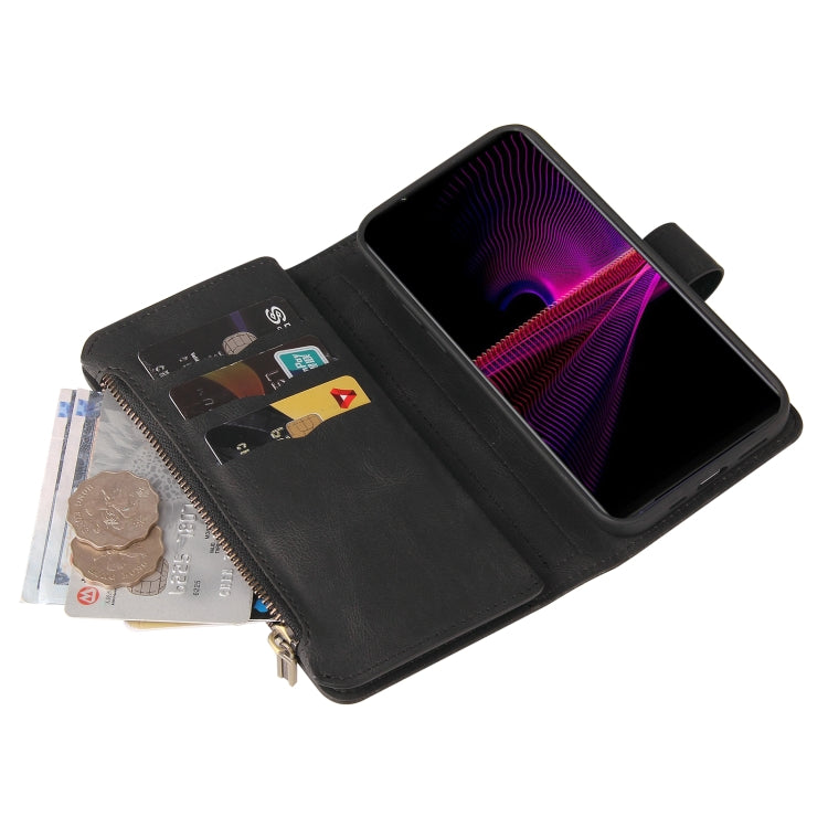 For Sony Xperia 1 III Skin Feel PU + TPU Horizontal Flip Leather Case With Holder & 15 Cards Slot & Wallet & Zipper Pocket & Lanyard(Black) - Sony Cases by PMC TechLife | Online Shopping South Africa | PMC TechLife | Buy Now Pay Later Mobicred