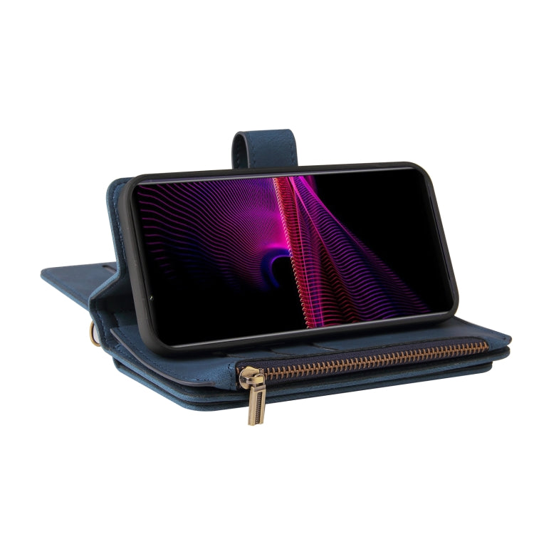 For Sony Xperia 1 III Skin Feel PU + TPU Horizontal Flip Leather Case With Holder & 15 Cards Slot & Wallet & Zipper Pocket & Lanyard(Blue) - free shipping - PMC TechLife - Order now!