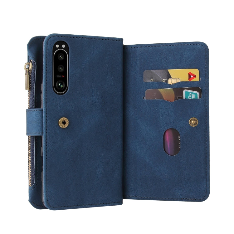 For Sony Xperia 5 III Skin Feel PU + TPU Horizontal Flip Leather Case With Holder & 15 Cards Slot & Wallet & Zipper Pocket & Lanyard(Blue) - Sony Cases by PMC TechLife | Online Shopping South Africa | PMC TechLife | Buy Now Pay Later Mobicred