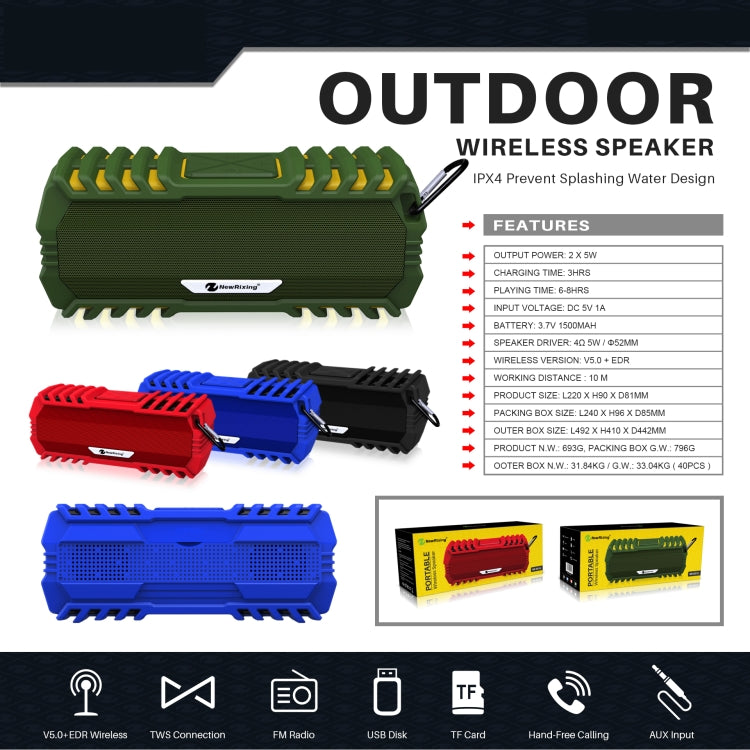 NewRixing NR-5015 Outdoor Portable Bluetooth Speakerr with Hook, Support Hands-free Call / TF Card / FM / U Disk(Blue) - free shipping - PMC Jewellery - Order now!