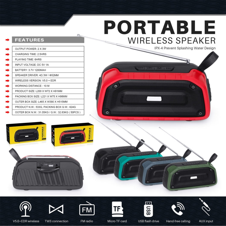 New Rixing NR-906FM TWS Waterproof Bluetooth Speaker Support Hands-free Call / FM with Handle & Antenna(Black) - free shipping - PMC Jewellery - Order now!
