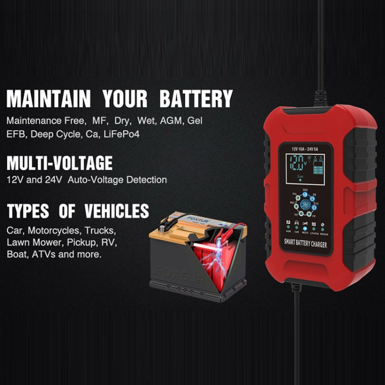 FOXSUR 10A 12V 7-segment Motorcycle / Car Smart Battery Charger, Plug Type:EU Plug(Red) - Battery Charger by FOXSUR | Online Shopping South Africa | PMC TechLife | Buy Now Pay Later Mobicred