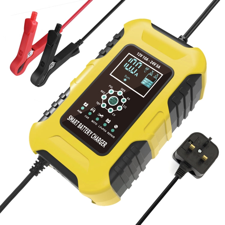 FOXSUR 10A 12V 7-segment Motorcycle / Car Smart Battery Charger, Plug Type:UK Plug(Yellow) - Battery Charger by FOXSUR | Online Shopping South Africa | PMC TechLife | Buy Now Pay Later Mobicred