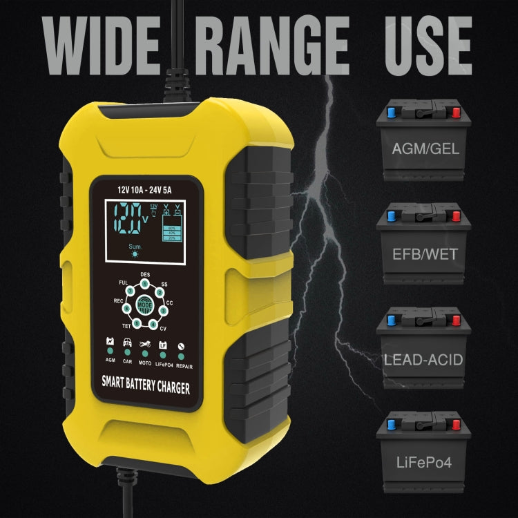FOXSUR 10A 12V 7-segment Motorcycle / Car Smart Battery Charger, Plug Type:UK Plug(Yellow) - Battery Charger by FOXSUR | Online Shopping South Africa | PMC TechLife | Buy Now Pay Later Mobicred