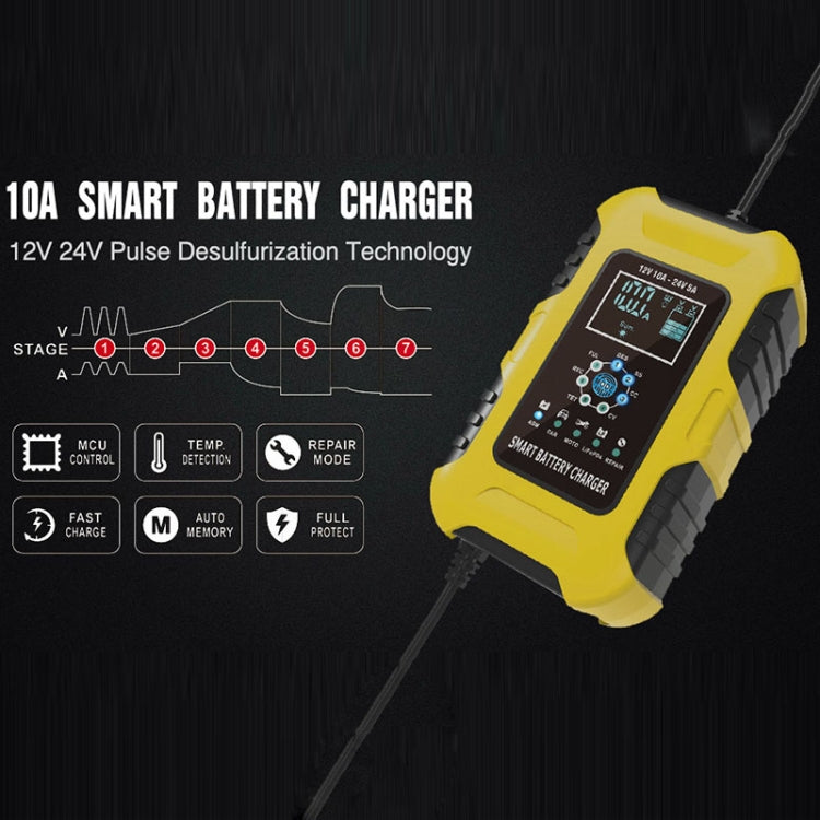 FOXSUR 10A 12V 7-segment Motorcycle / Car Smart Battery Charger, Plug Type:UK Plug(Yellow) - Battery Charger by FOXSUR | Online Shopping South Africa | PMC TechLife | Buy Now Pay Later Mobicred