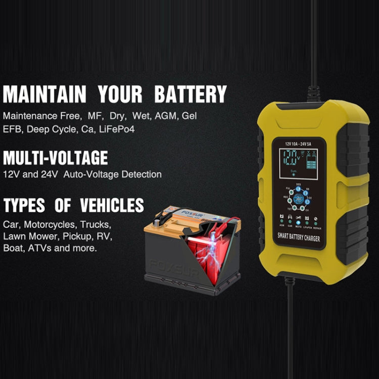 FOXSUR 10A 12V 7-segment Motorcycle / Car Smart Battery Charger, Plug Type:UK Plug(Yellow) - Battery Charger by FOXSUR | Online Shopping South Africa | PMC TechLife | Buy Now Pay Later Mobicred