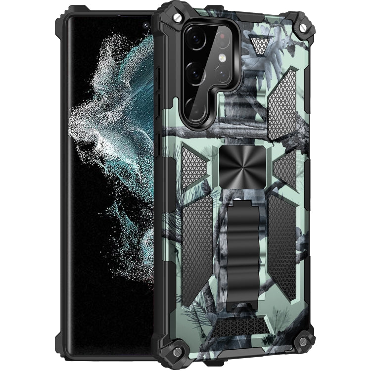 For Samsung Galaxy S22 Ultra 5G Camouflage Armor Shockproof TPU + PC Magnetic Protective Phone Case with Holder(Mint Green) - Galaxy S22 Ultra 5G Cases by PMC TechLife | Online Shopping South Africa | PMC TechLife