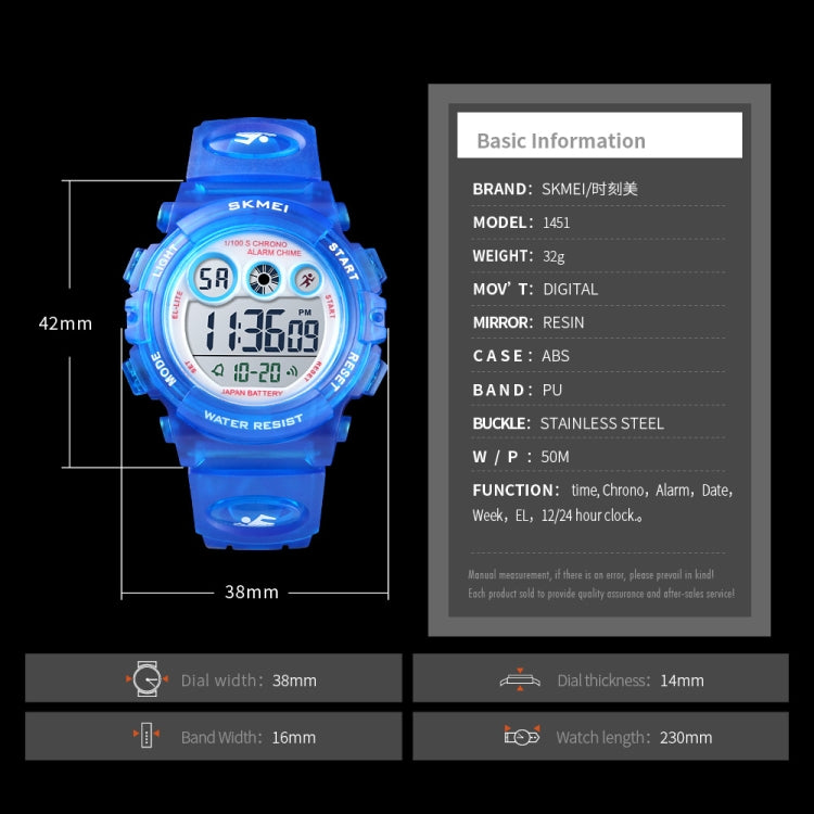 SKMEI 1451 LED Digital Stopwatch Chronograph Luminous Children Sports Electronic Watch(Transparent Sky Blue) - free shipping - PMC TechLife - Order now!