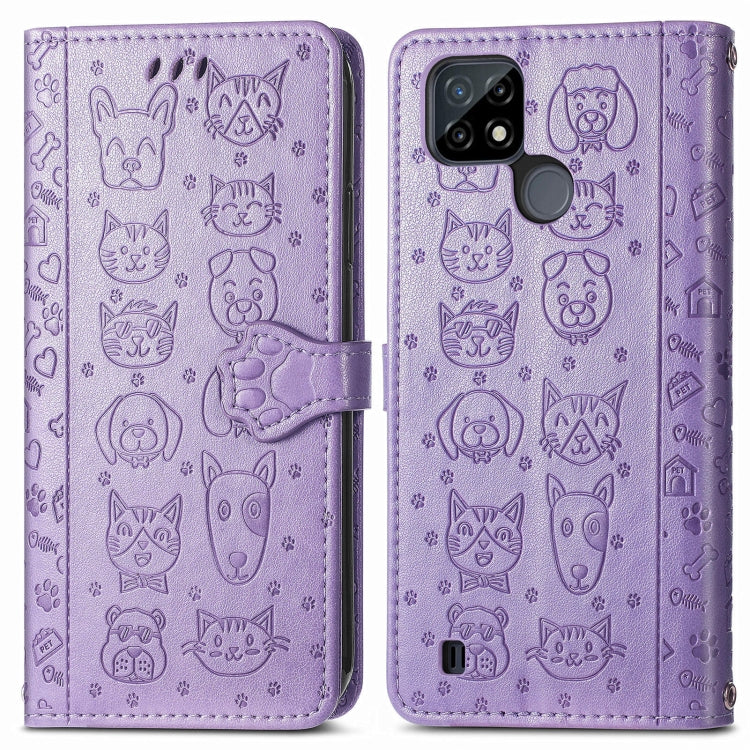 For OPPO Realme C21Y Cat and Dog Embossed Horizontal Flip Phone Leather Case with Holder & Card Slot & Wallet & Lanyard(Purple) - Realme Cases by PMC TechLife | Online Shopping South Africa | PMC TechLife | Buy Now Pay Later Mobicred