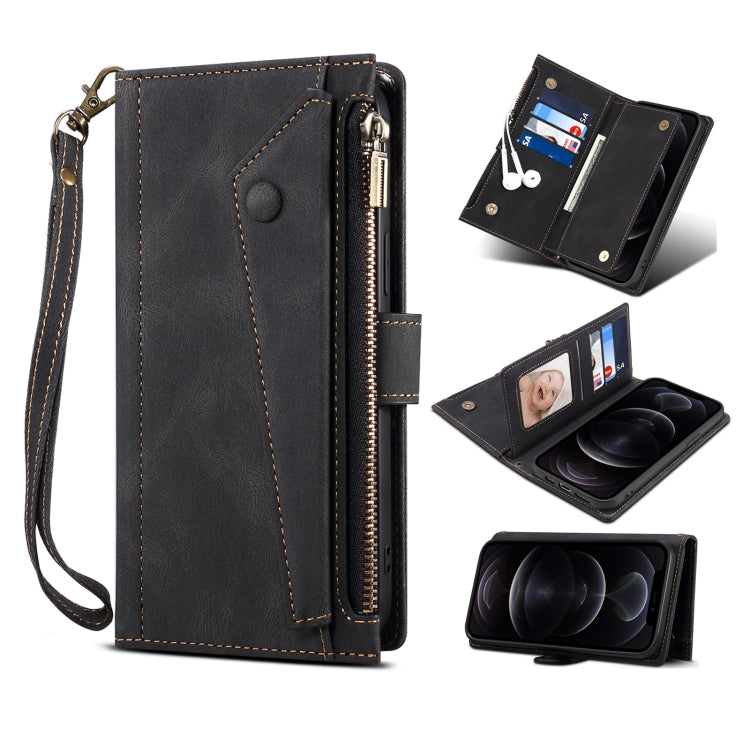 For Google Pixel 6 Pro Retro Frosted Leather Phone Case with Holder & Card Slot & Wallet & Zipper Pocket & Lanyard(Black) - Google Cases by PMC TechLife | Online Shopping South Africa | PMC TechLife | Buy Now Pay Later Mobicred