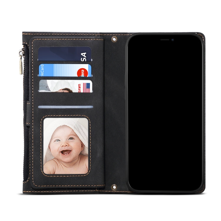 For Google Pixel 6 Pro Retro Frosted Leather Phone Case with Holder & Card Slot & Wallet & Zipper Pocket & Lanyard(Black) - Google Cases by PMC TechLife | Online Shopping South Africa | PMC TechLife | Buy Now Pay Later Mobicred