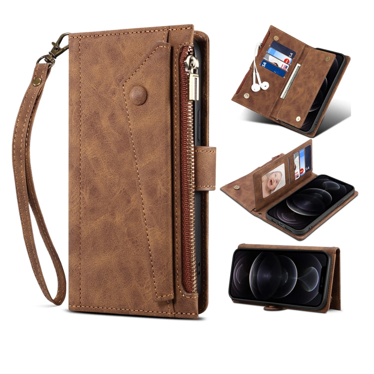 For Google Pixel 6 Pro Retro Frosted Leather Phone Case with Holder & Card Slot & Wallet & Zipper Pocket & Lanyard(Brown) - Google Cases by PMC TechLife | Online Shopping South Africa | PMC TechLife | Buy Now Pay Later Mobicred