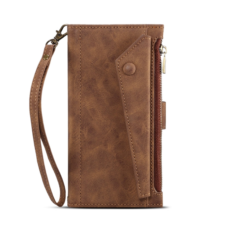 For Google Pixel 6 Pro Retro Frosted Leather Phone Case with Holder & Card Slot & Wallet & Zipper Pocket & Lanyard(Brown) - Google Cases by PMC TechLife | Online Shopping South Africa | PMC TechLife | Buy Now Pay Later Mobicred
