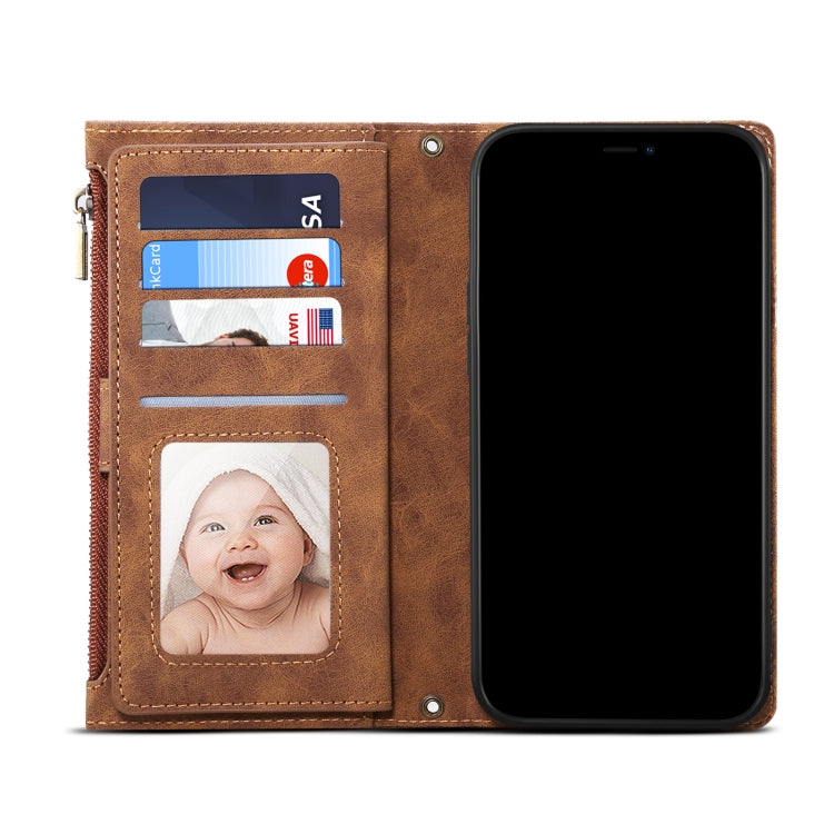 For Google Pixel 6 Pro Retro Frosted Leather Phone Case with Holder & Card Slot & Wallet & Zipper Pocket & Lanyard(Brown) - Google Cases by PMC TechLife | Online Shopping South Africa | PMC TechLife | Buy Now Pay Later Mobicred