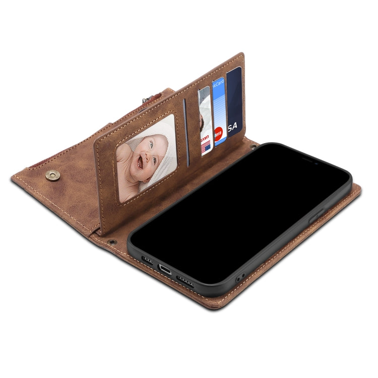 For Google Pixel 6 Pro Retro Frosted Leather Phone Case with Holder & Card Slot & Wallet & Zipper Pocket & Lanyard(Brown) - Google Cases by PMC TechLife | Online Shopping South Africa | PMC TechLife | Buy Now Pay Later Mobicred